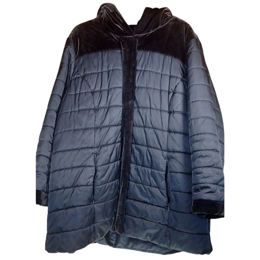 Susan Graver Women's Black Quilted Puffer Jacket with Velvet Trim Size XL Brown